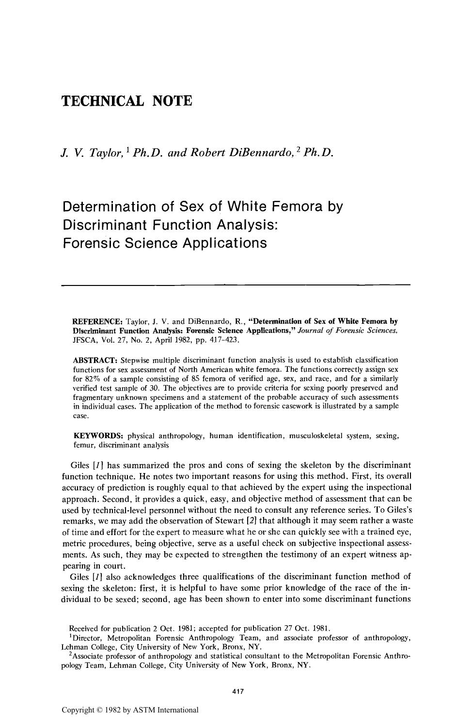 Determination of Sex of White Femora by Discriminant Function Analysis: Forensic Science Applications by Taylor JV DiBennardo R