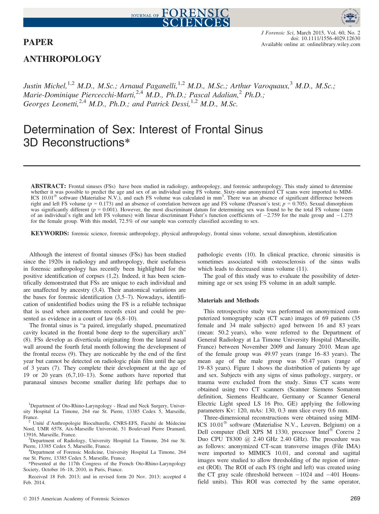 Determination of Sex: Interest of Frontal Sinus 3D Reconstructions by Unknown