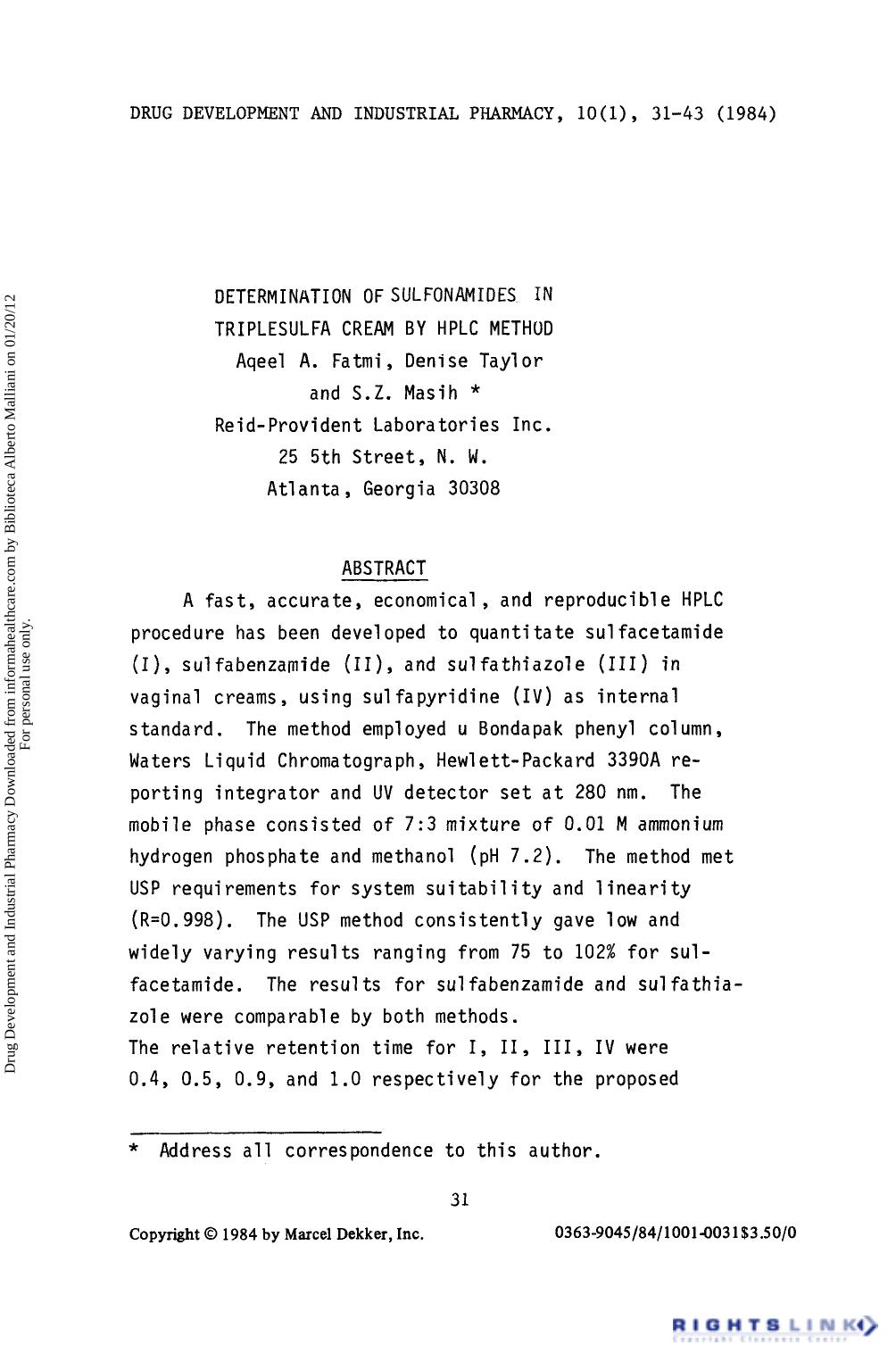 Determination of Sulfonamides in Triplesulfa Cream by Hplc Method by Aqeel A. Fatmi Denise Taylor & S. Z. Masih