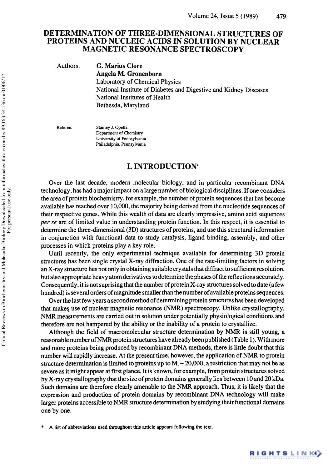 Determination of Three-Dimensional Structures of Proteins and Nucleic Acids in Solution by Nuclear Magnetic Resonance Spectroscop by G. Marius Clore & Angela M. Gronenborn