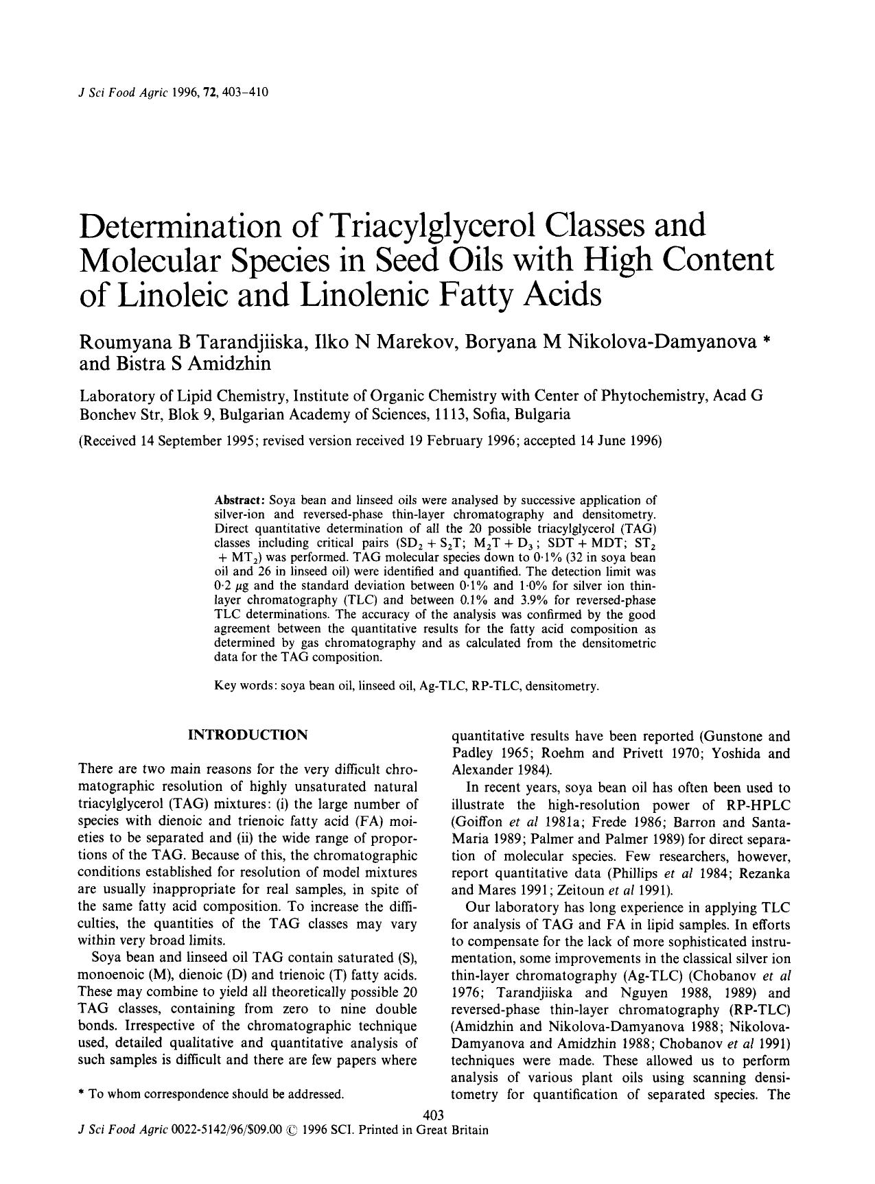 Determination of Triacylglycerol Classes and Molecular Species in Seed Oils with High Content of Linoleic and Linolenic Fatty Acids by Unknown