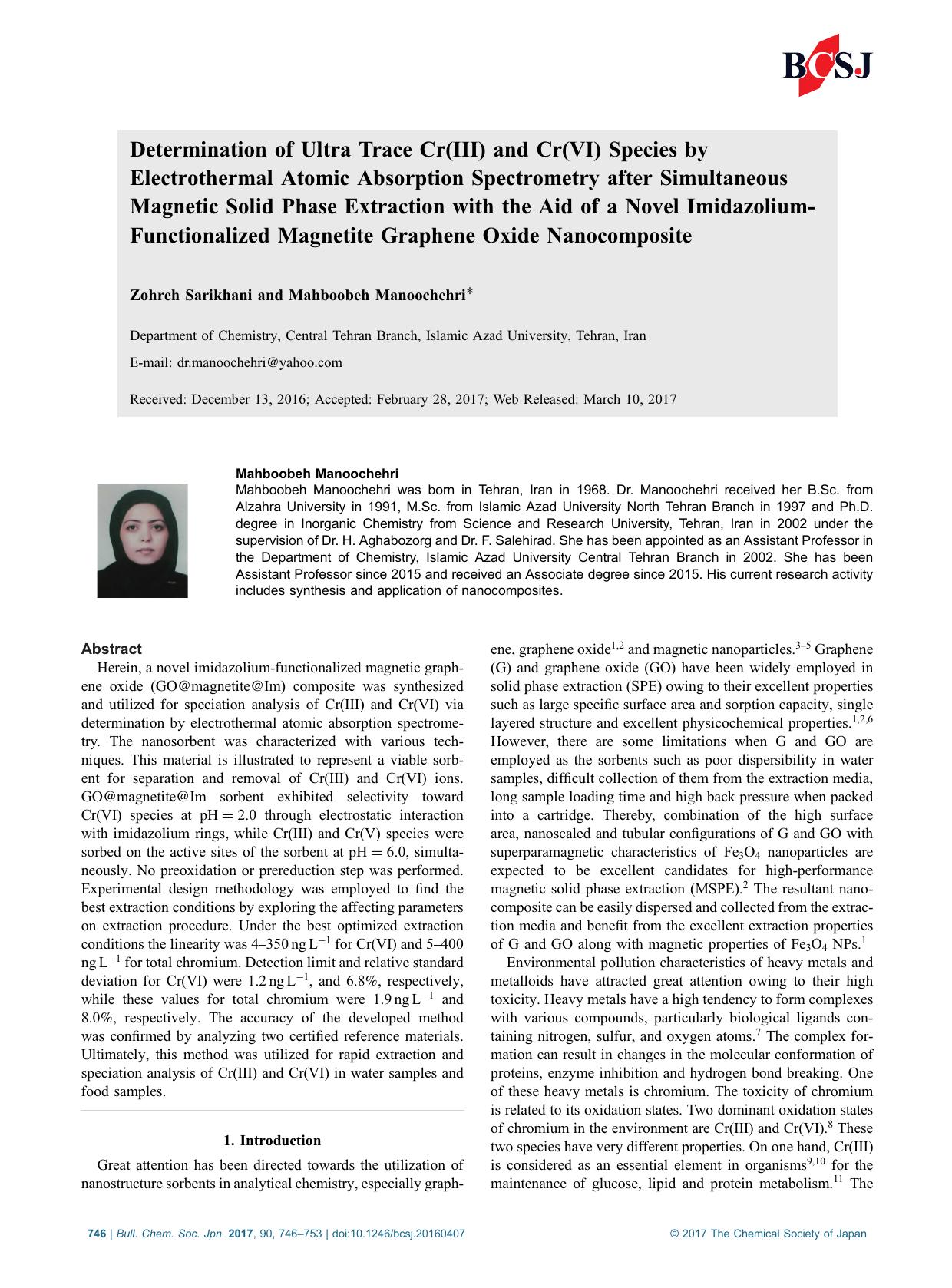 Determination of Ultra Trace Cr(III) and Cr(VI) Species by Electrothermal Atomic Absorption Spectrometry after Simultaneous Magnetic Solid Phase Extraction with the Aid of a Novel by Unknown