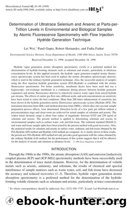Determination of Ultratrace Selenium and Arsenic at Parts-per-Trillion Levels in Environmental and Biological Samples by Atomic Fluorescence Spectrometry with Flow Injection Hydrid by Wei L. et al