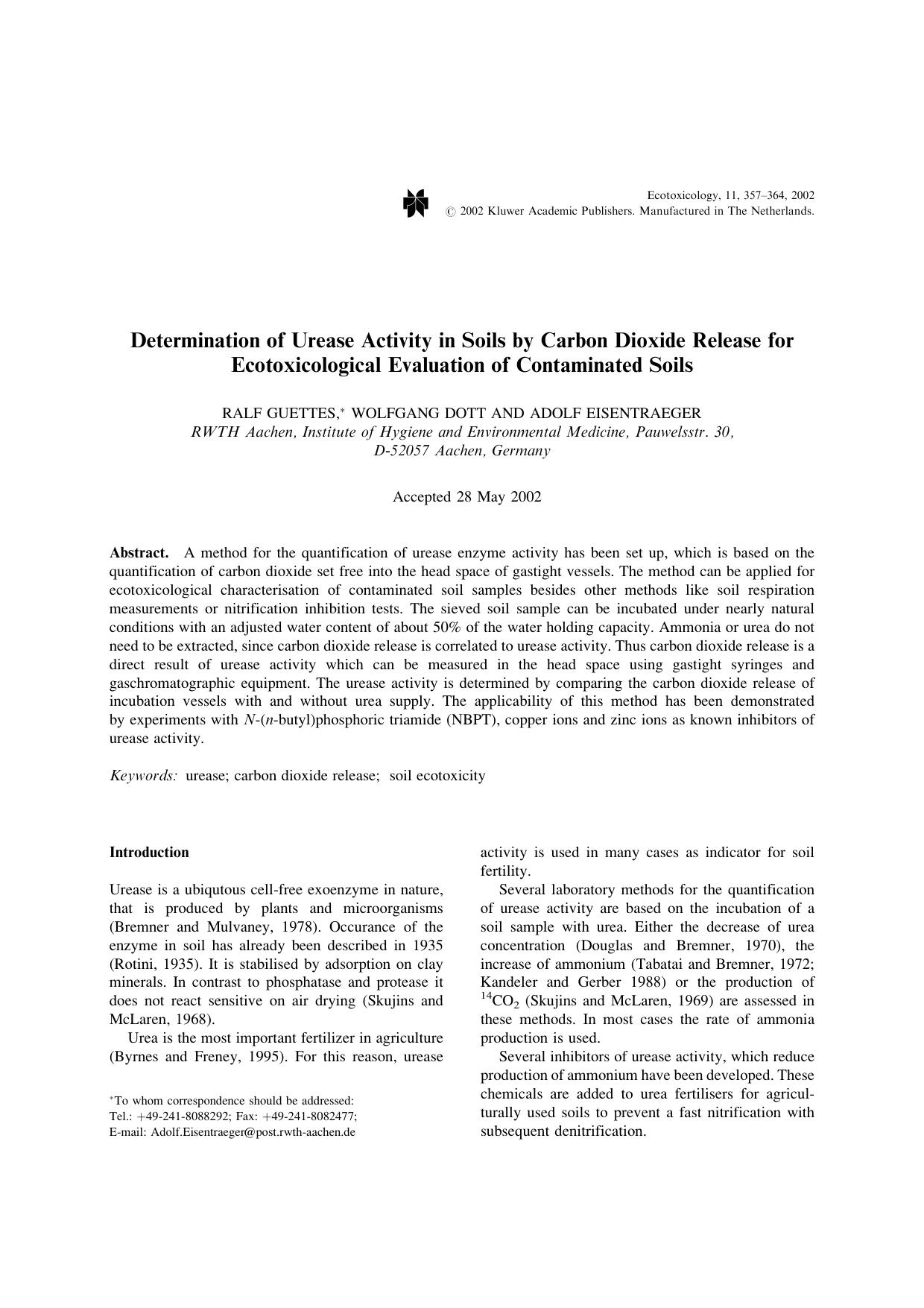 Determination of Urease Activity in Soils by Carbon Dioxide Release for Ecotoxicological Evaluation of Contaminated Soils by Unknown