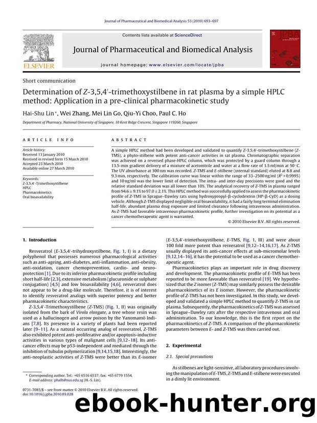 Determination of Z-3,5,4Ã¢â¬Â²-trimethoxystilbene in rat plasma by a simple HPLC method: Application in a pre-clinical pharmacokinetic study by Hai-Shu Lin