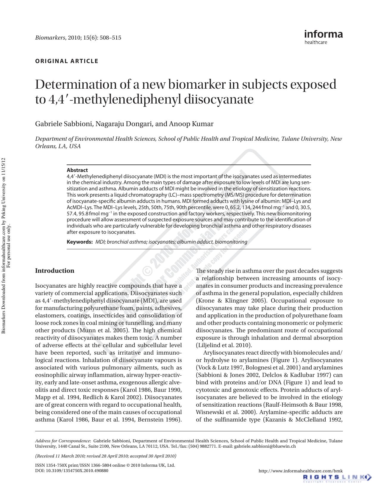 Determination of a new biomarker in subjects exposed to 4,4â²-methylenediphenyl diisocyanate by Gabriele Sabbioni Nagaraju Dongari & Anoop Kumar