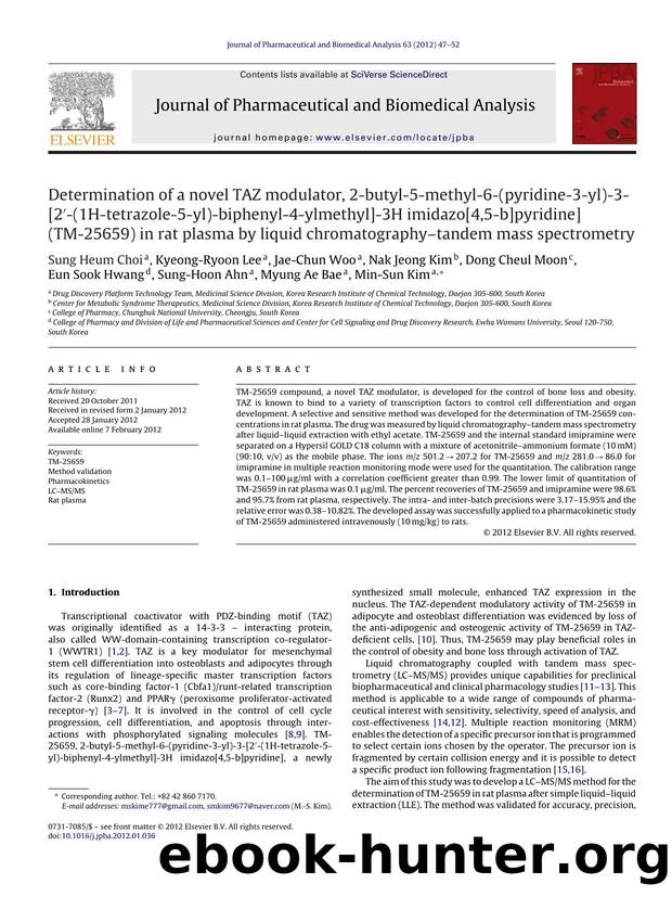 Determination of a novel TAZ modulator, 2-butyl-5-methyl-6-(pyridine-3-yl)-3-[2â²-(1H-tetrazole-5-yl)-biphenyl-4-ylmethyl]-3H imidazo[4,5-b]pyridine] (TM-25659) in rat plasma by l by Sung Heum Choi