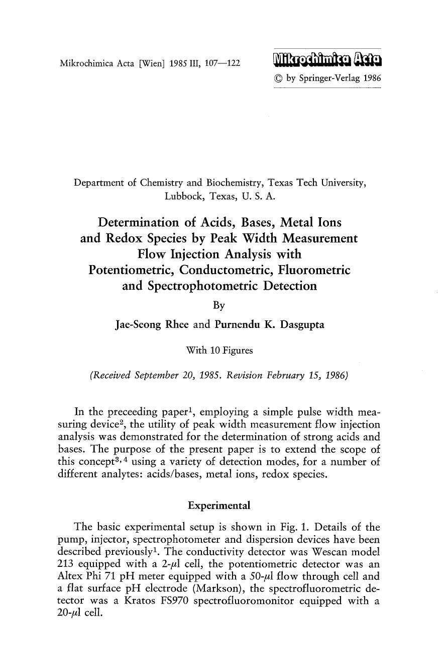 Determination of acids, bases, metal ions and redox species by peak width measurement flow injection analysis with potentiometric, conductometric, fluorometric and spectrophotometric detection by Unknown