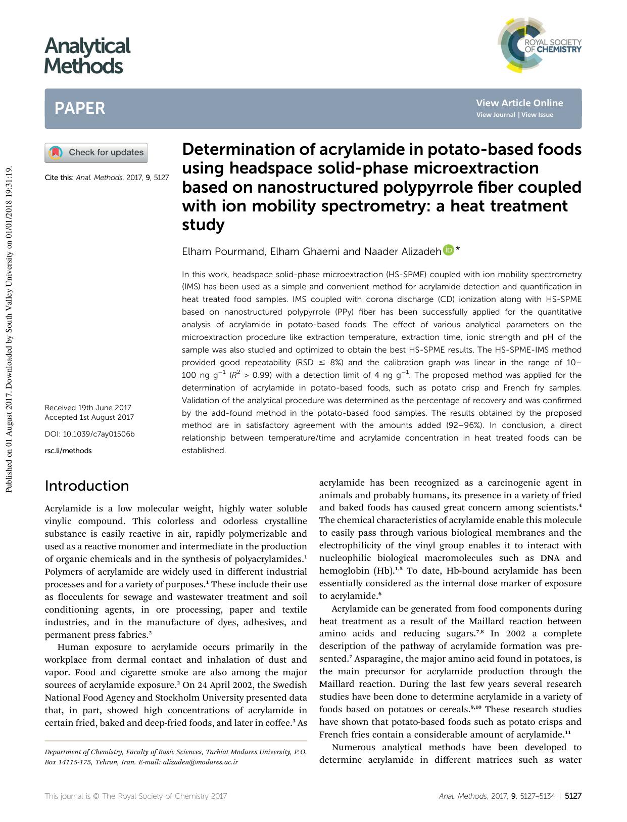 Determination of acrylamide in potato-based foods using headspace solid-phase microextraction based on nanostructured polypyrrole fiber coupled with ion mobility spectrometry: a heat treatment study by Elham Pourmand & Elham Ghaemi & Naader Alizadeh