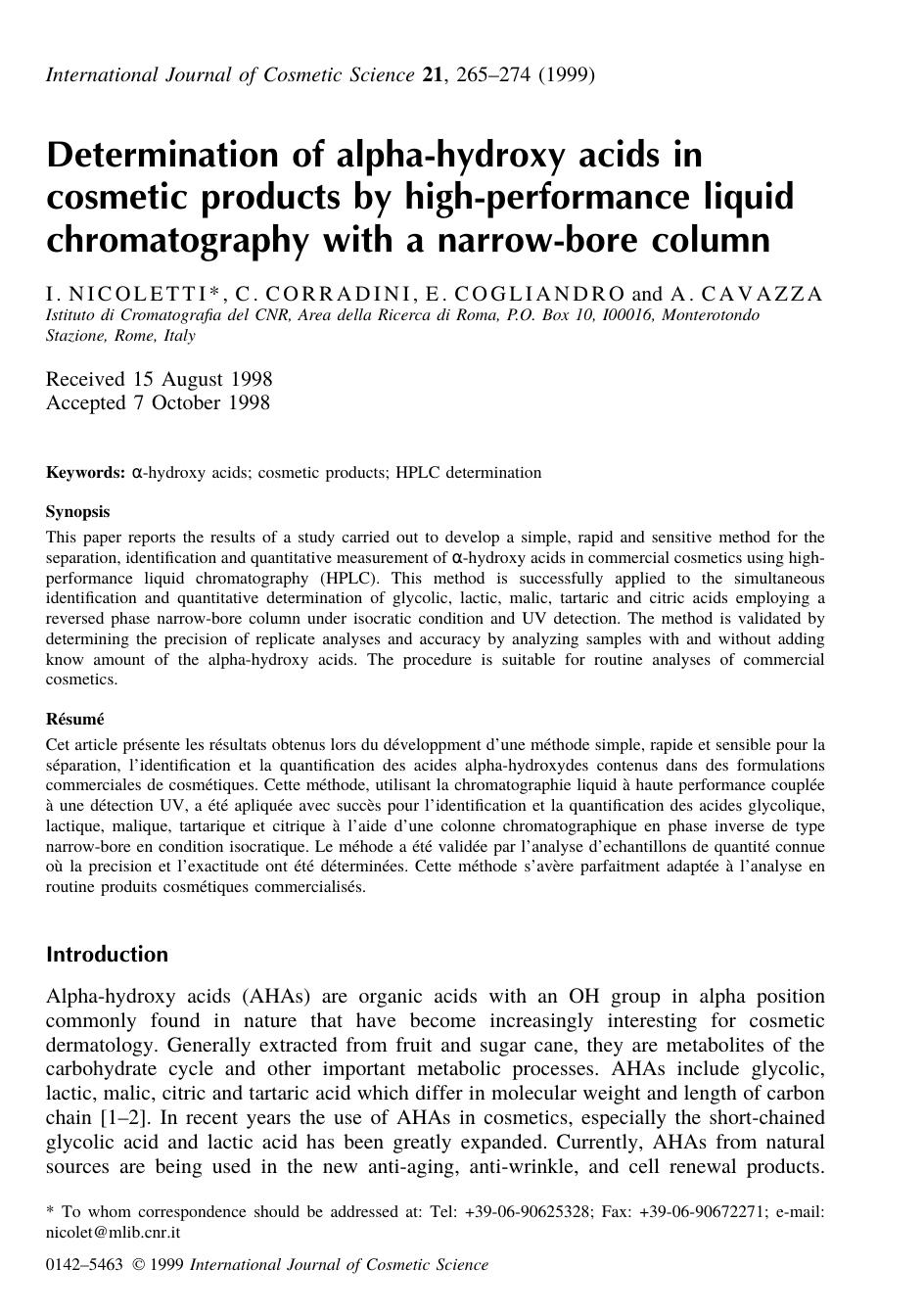 Determination of alpha-hydroxy acids in by I . NICOLETTI C . CORRADINI E . COGLIANDRO & A . CAVAZZA