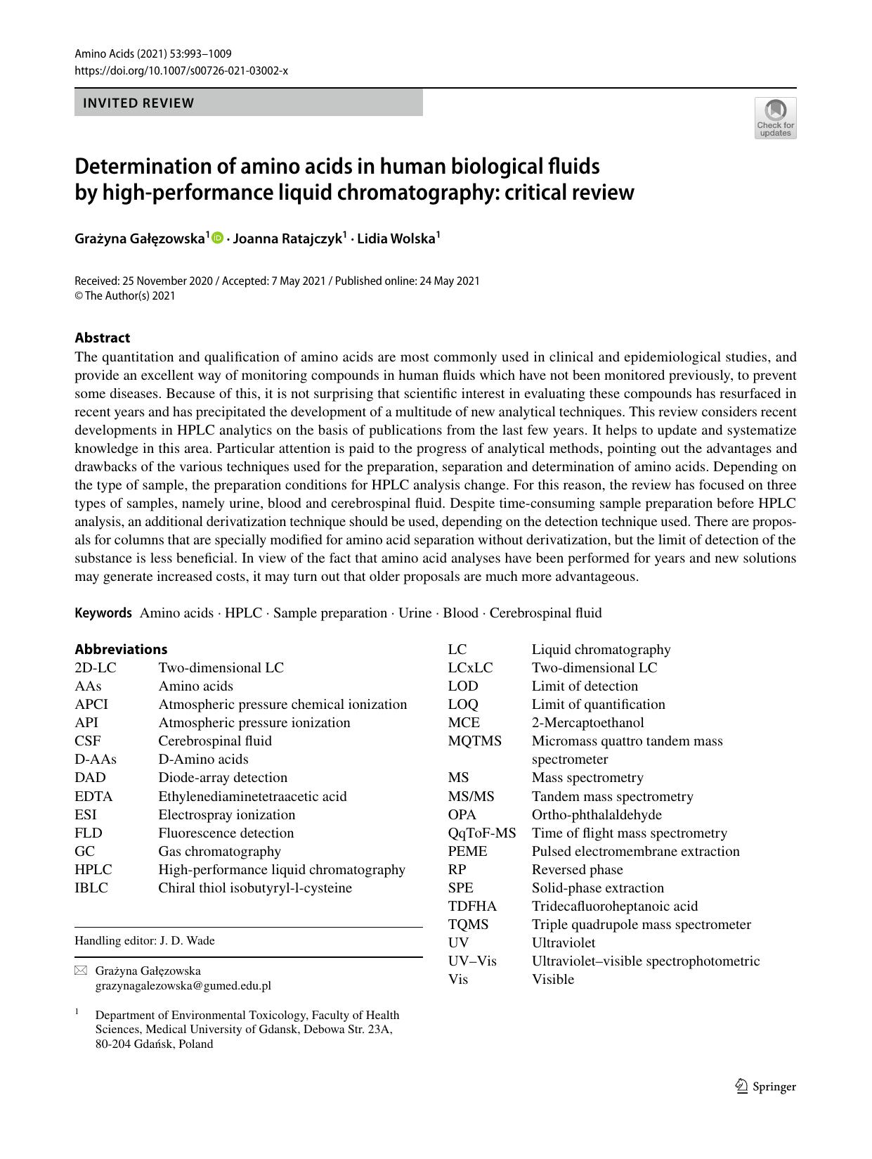 Determination of amino acids in human biological fluids by high-performance liquid chromatography: critical review by Grażyna Gałęzowska & Joanna Ratajczyk & Lidia Wolska