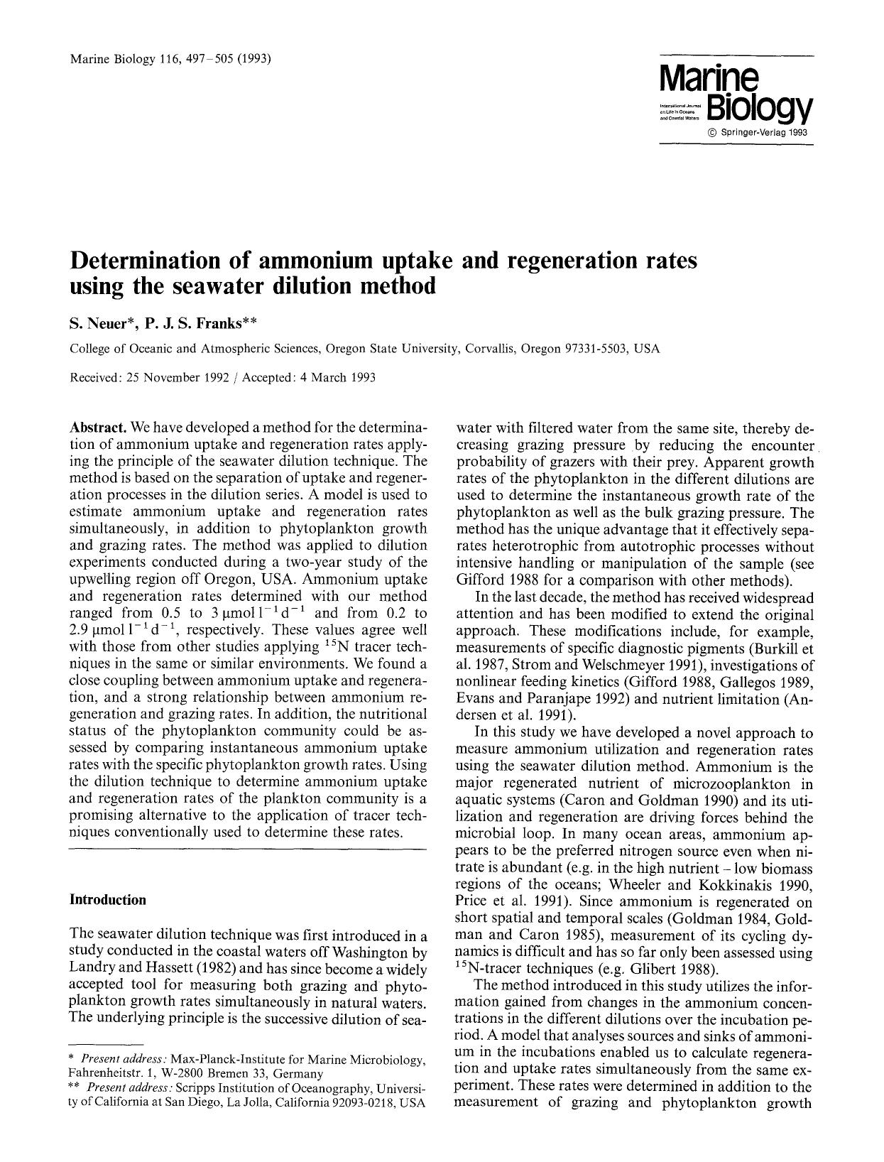 Determination of ammonium uptake and regeneration rates using the seawater dilution method by Unknown