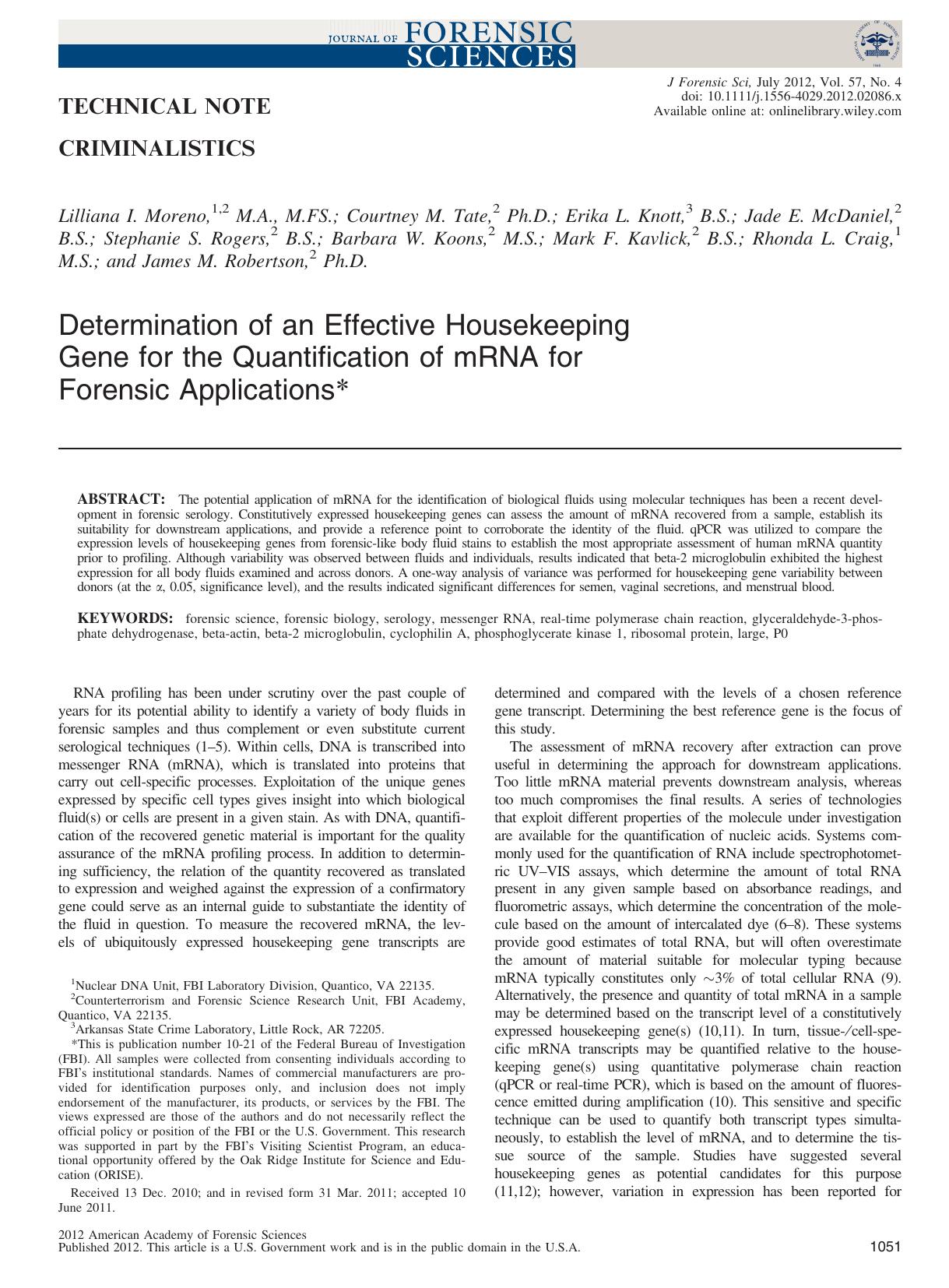 Determination of an Effective Housekeeping Gene for the Quantification of mRNA for Forensic Applications by Unknown