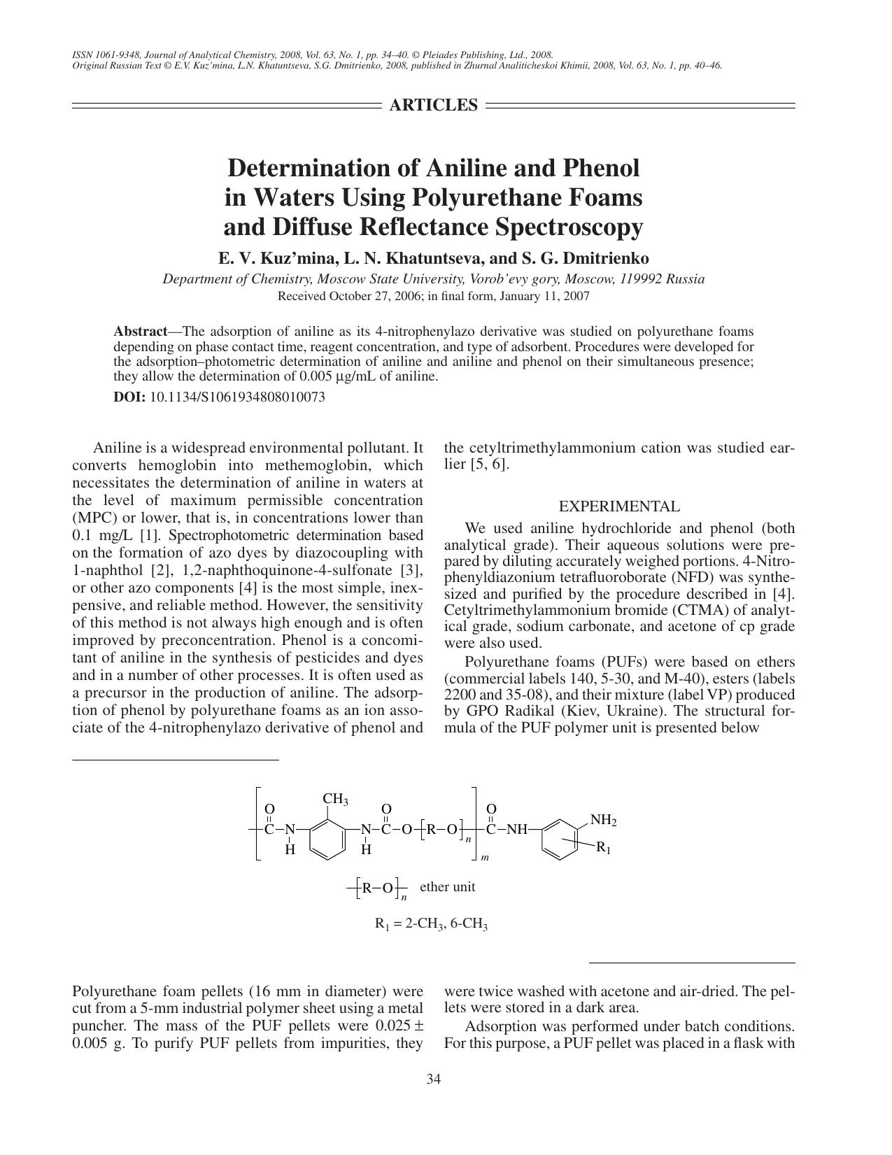 Determination of aniline and phenol in waters using polyurethane foams and diffuse reflectance spectroscopy by Unknown