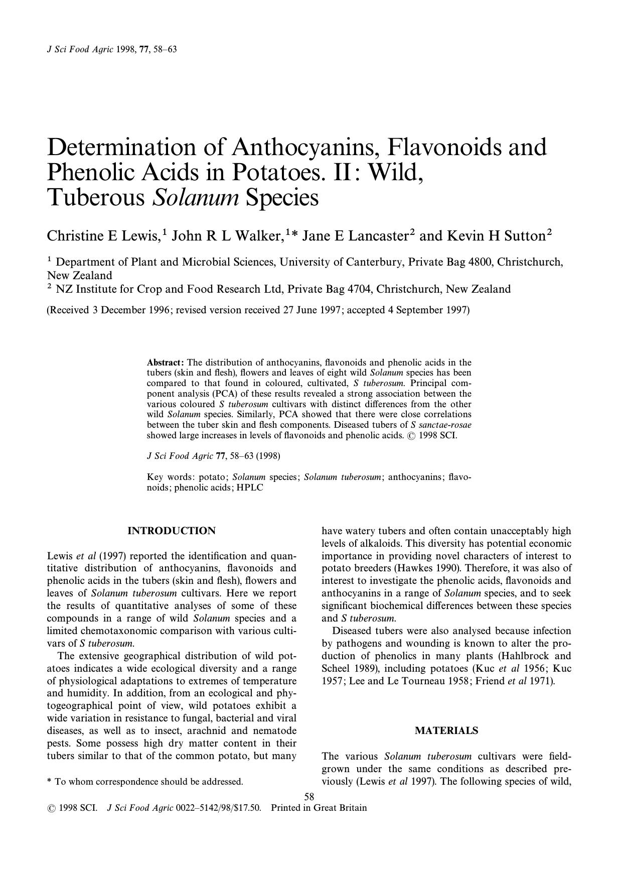 Determination of anthocyanins, flavonoids and phenolic acids in potatoes. II: Wild, tuberous Solanum species by Lewis Walker Lancaster Sutton