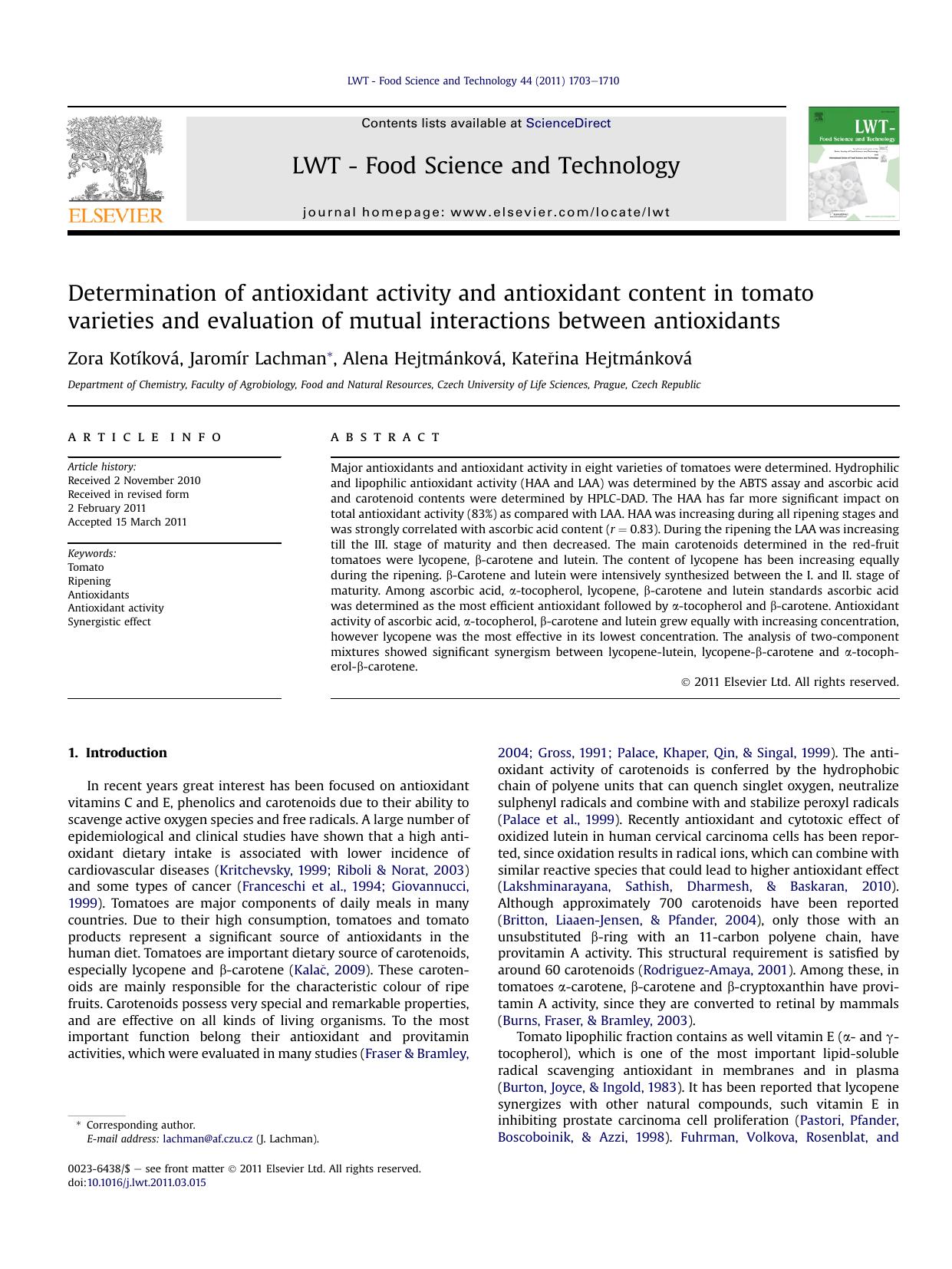 Determination of antioxidant activity and antioxidant content in tomato varieties and evaluation of mutual interactions between antioxidants by Zora Kotíková & Jaromír Lachman & Alena Hejtmánková & Kateřina Hejtmánková