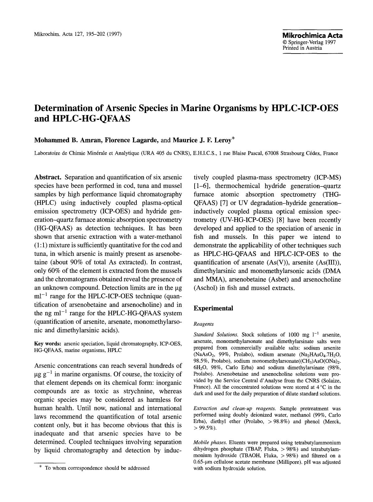 Determination of arsenic species in marine organisms by HPLC-ICP-OES and HPLC-HG-QFAAS by Unknown