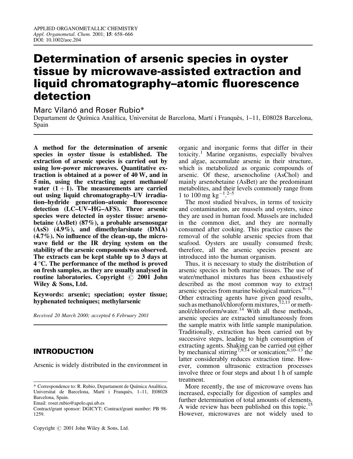 Determination of arsenic species in oyster tissue by microwave-assisted extraction and liquid chromatography-atomic fluorescence detection by Unknown