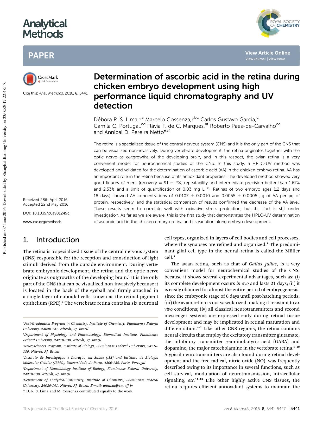 Determination of ascorbic acid in the retina during chicken embryo development using high performance liquid chromatography and UV detection by unknow