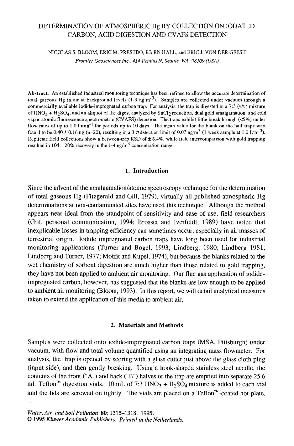 Determination of atmospheric Hg by collection on iodated carbon, acid digestion and CVAFS detection by Unknown