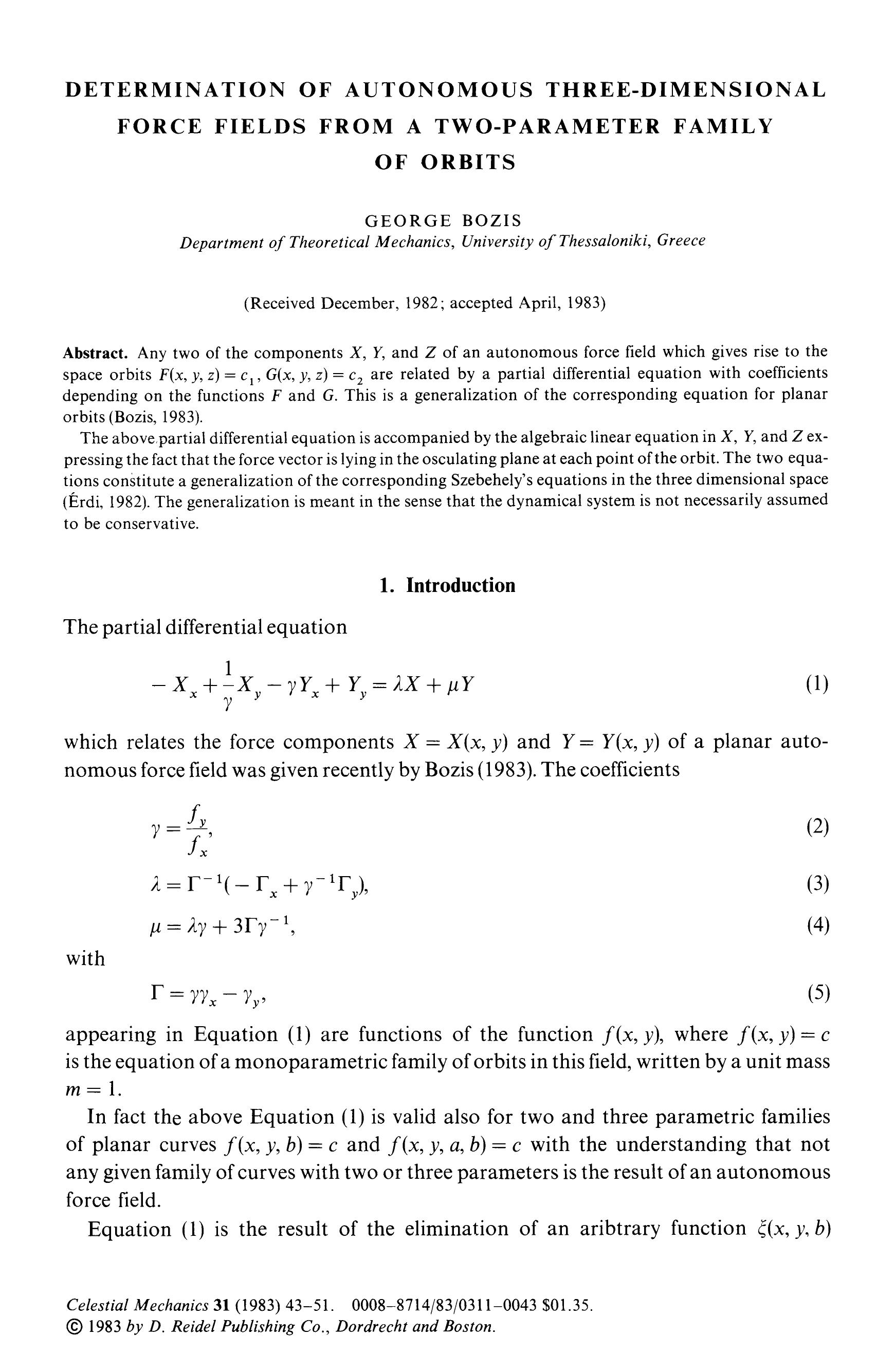 Determination of autonomous three-dimensional force fields from a two-parameter family of orbits by Unknown
