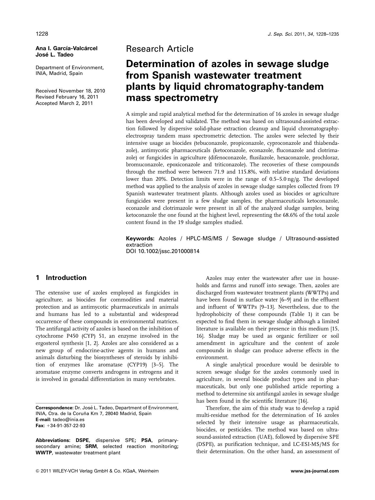 Determination of azoles in sewage sludge from Spanish wastewater treatment plants by liquid chromatographytandem mass spectrometry by Unknown