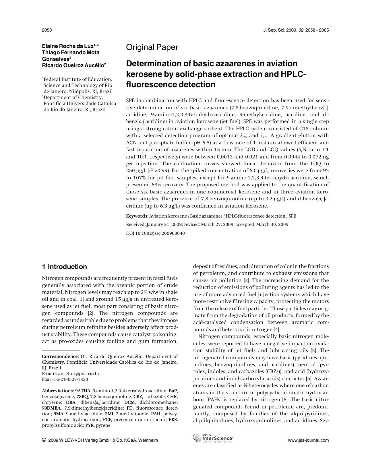Determination of basic azaarenes in aviation kerosene by solid-phase extraction and HPLC-fluorescence detection by Unknown