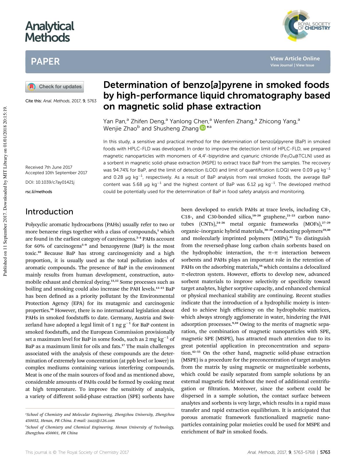 Determination of benzo[a]pyrene in smoked foods by high-performance liquid chromatography based on magnetic solid phase extraction by Yan Pan & Zhifen Deng & Yanlong Chen & Wenfen Zhang & Zhicong Yang & Wenjie Zhao & Shusheng Zhang