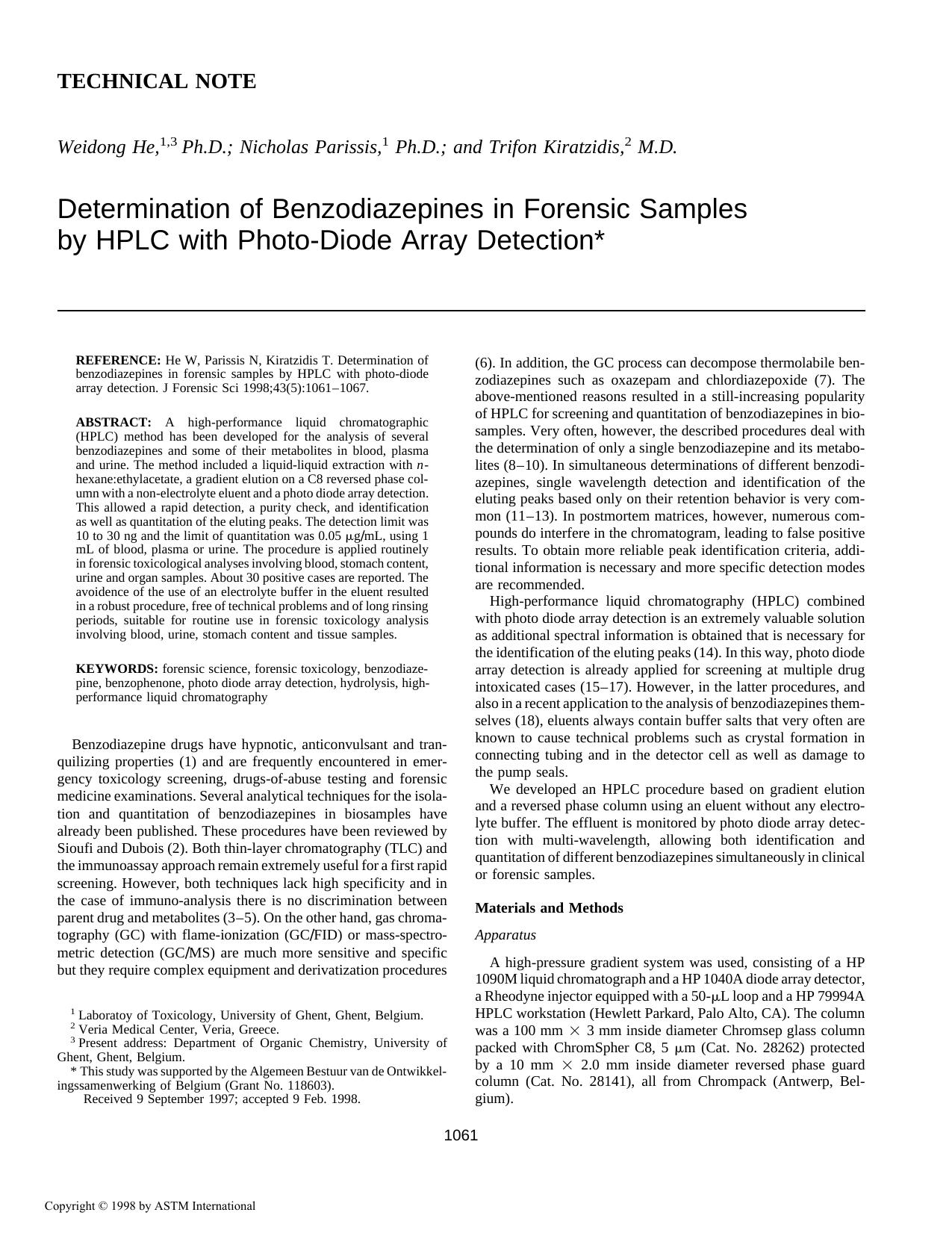 Determination of benzodiazepines in forensic samples by HPLC with photo-diode array detection by He W Parissis N Kiratzidis T