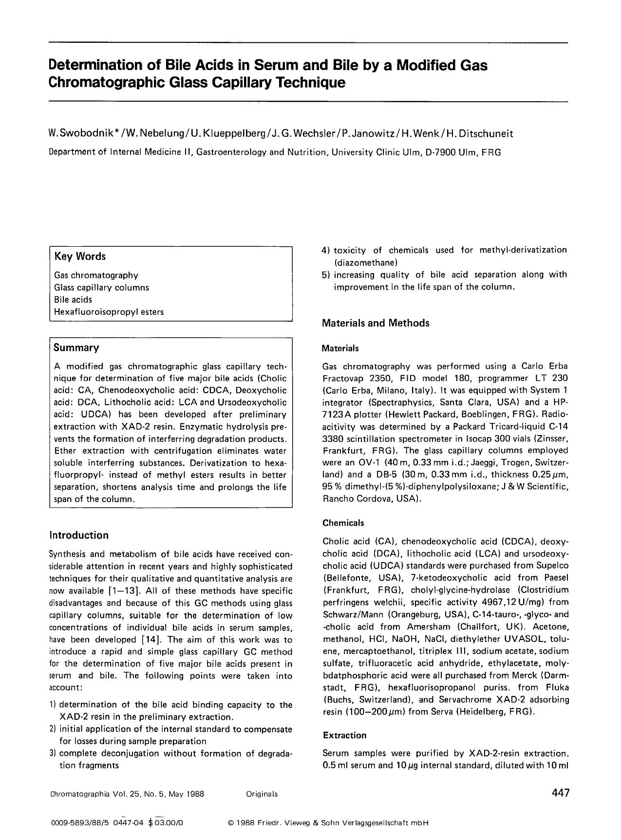 Determination of bile acids in serum and bile by a modified gas chromatographic glass capillary technique by Unknown