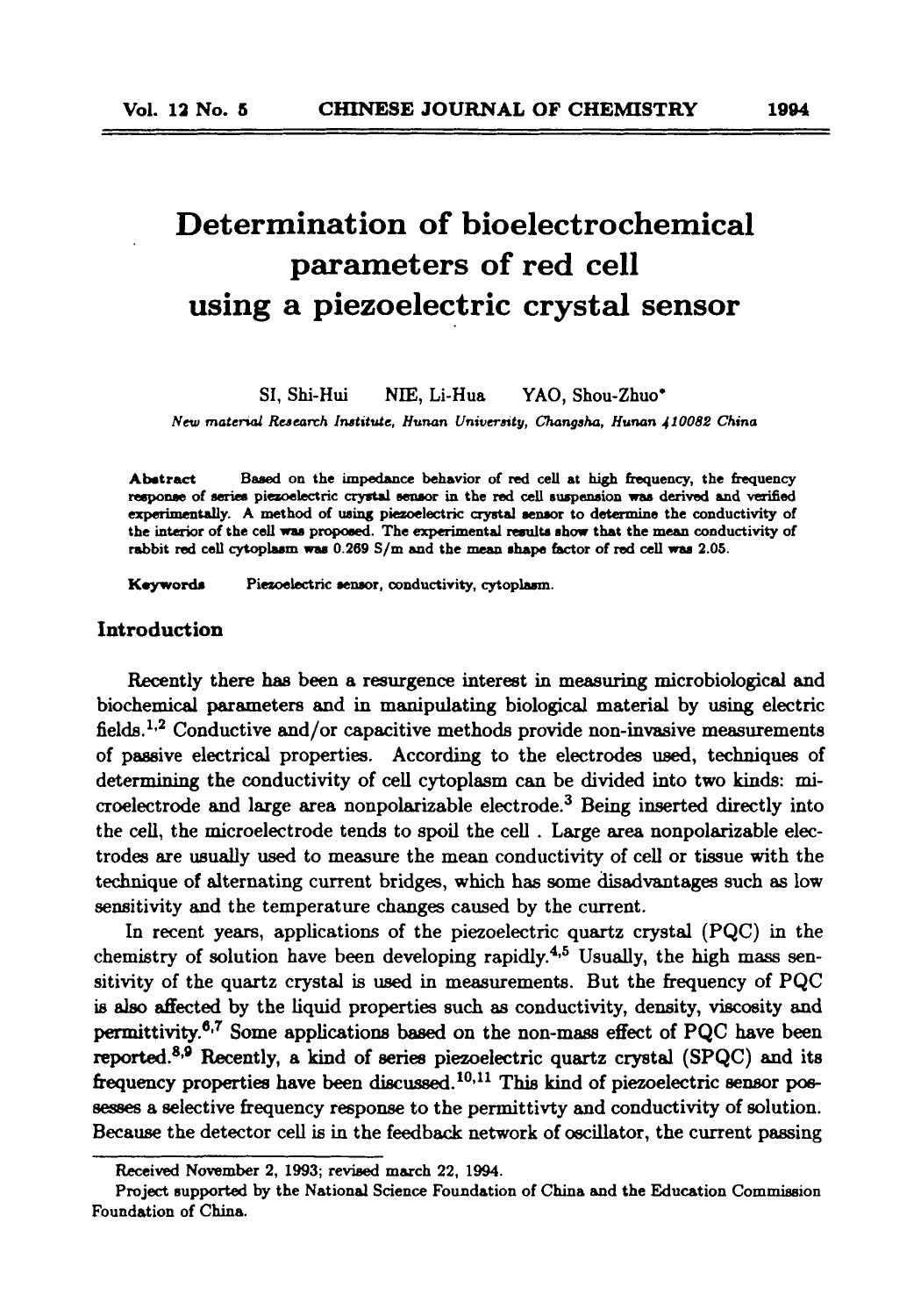 Determination of bioelectrochemical parameters of red cell using a piezoelectric crystal sensor by Unknown
