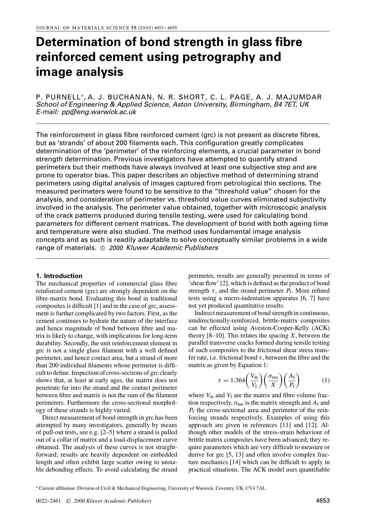 Determination of bond strength in glass fibre reinforced cement using petrography and image analysis by Unknown