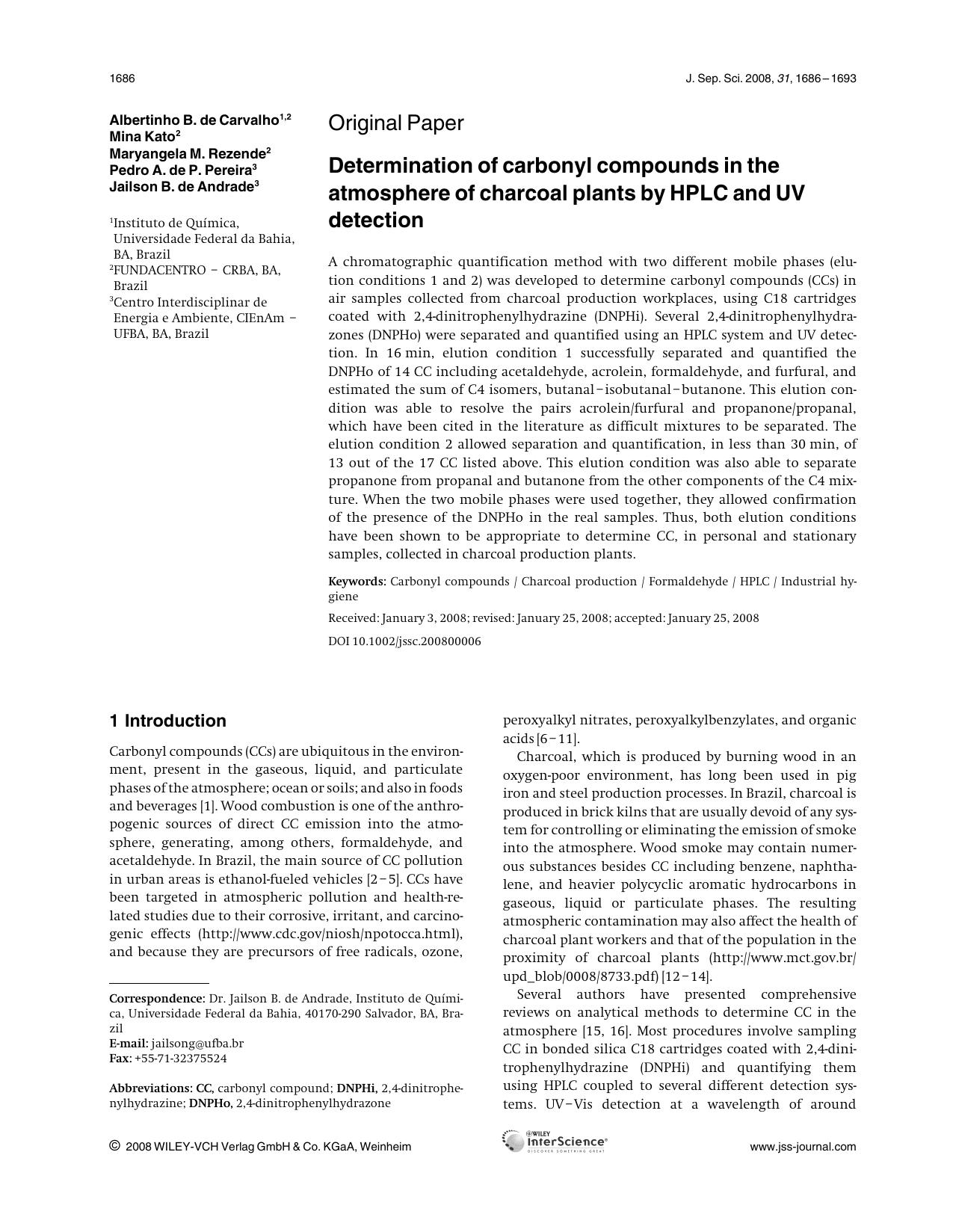 Determination of carbonyl compounds in the atmosphere of charcoal plants by HPLC and UV detection by Unknown