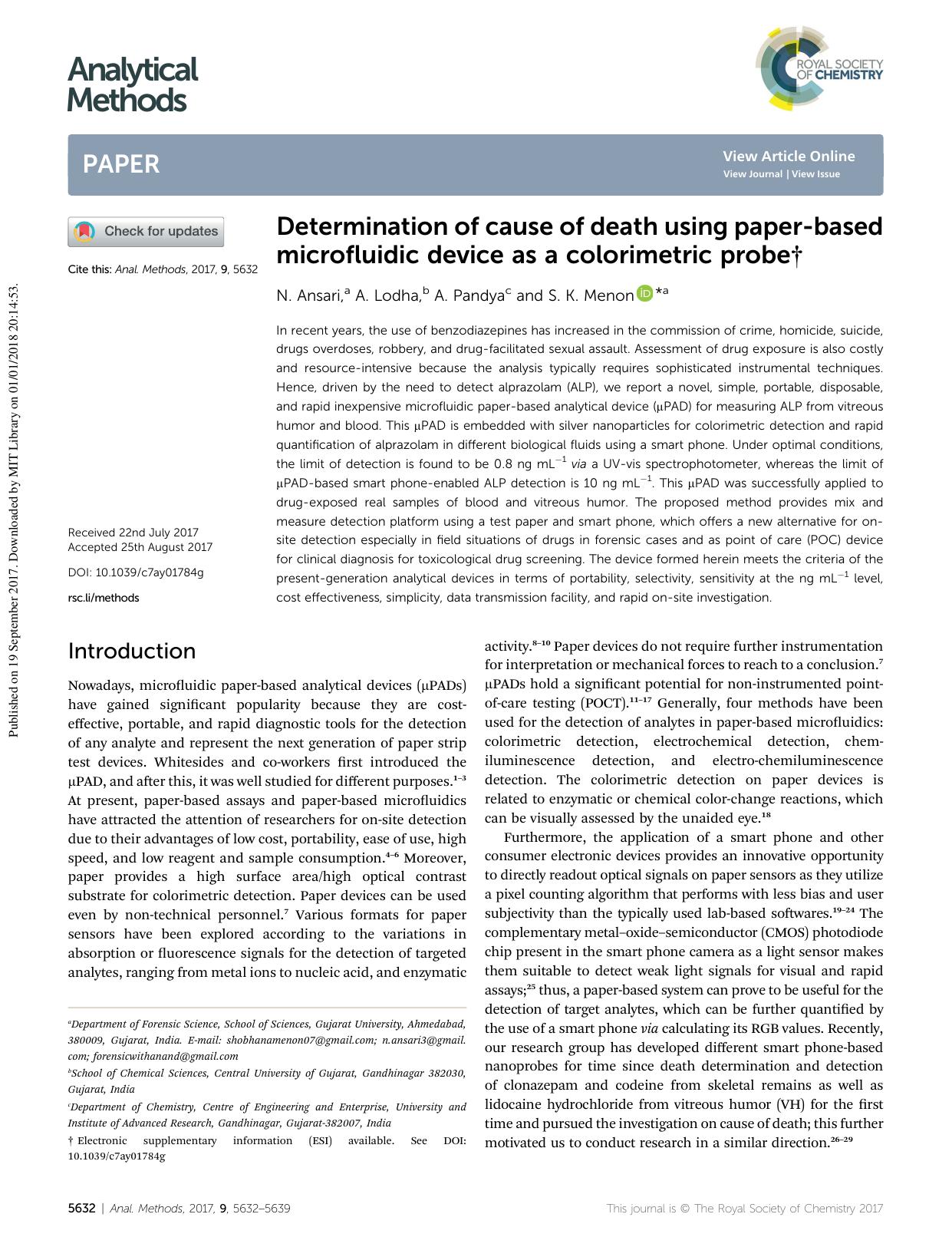Determination of cause of death using paper-based microfluidic device as a colorimetric probe by N. Ansari & A. Lodha & A. Pandya & S. K. Menon