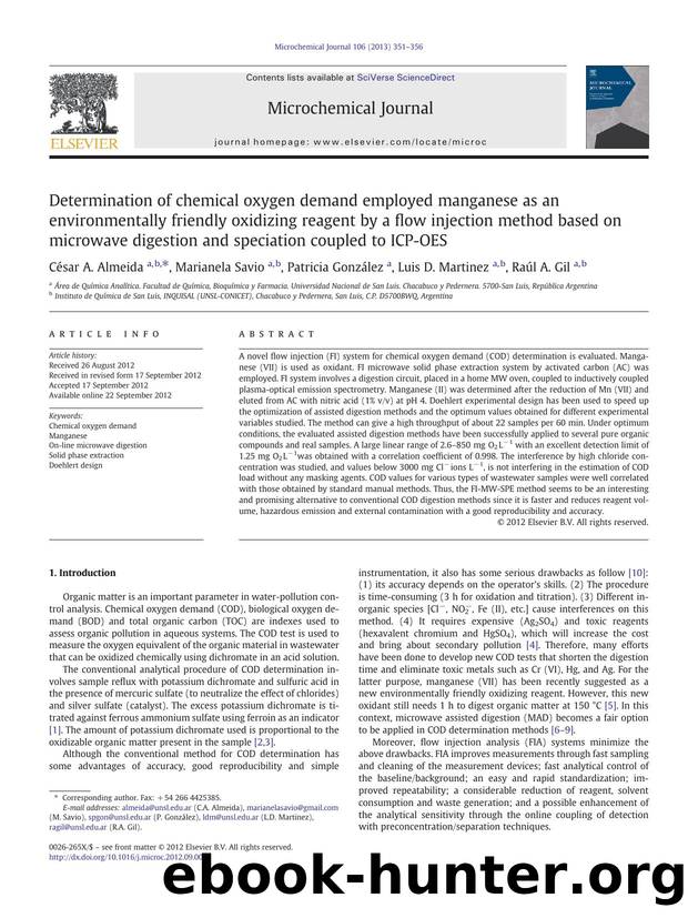 Determination of chemical oxygen demand employed manganese as an environmentally friendly oxidizing reagent by a flow injection method based on microwave digestion and speciation coupled to ICP-OES by César A. Almeida & Marianela Savio & Patricia González & Luis D. Martinez & Raúl A. Gil