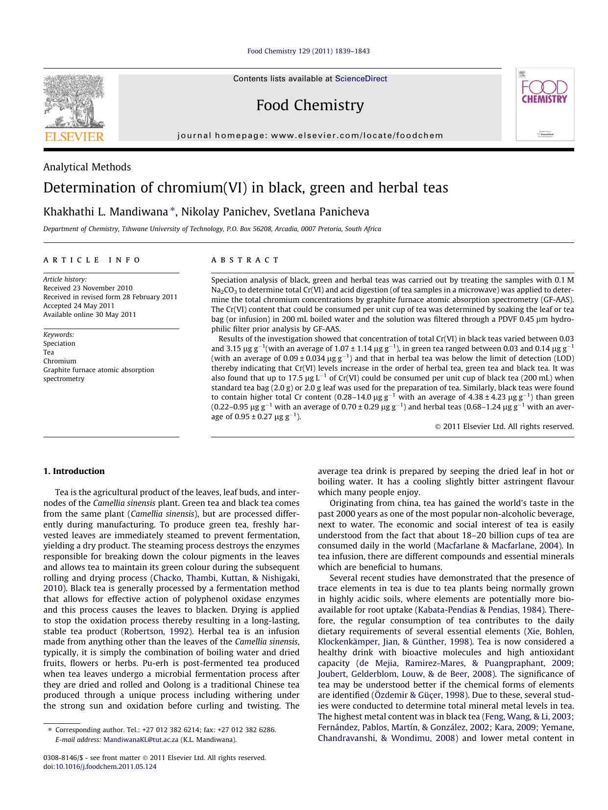 Determination of chromium(VI) in black, green and herbal teas by Khakhathi L. Mandiwana & Nikolay Panichev & Svetlana Panicheva