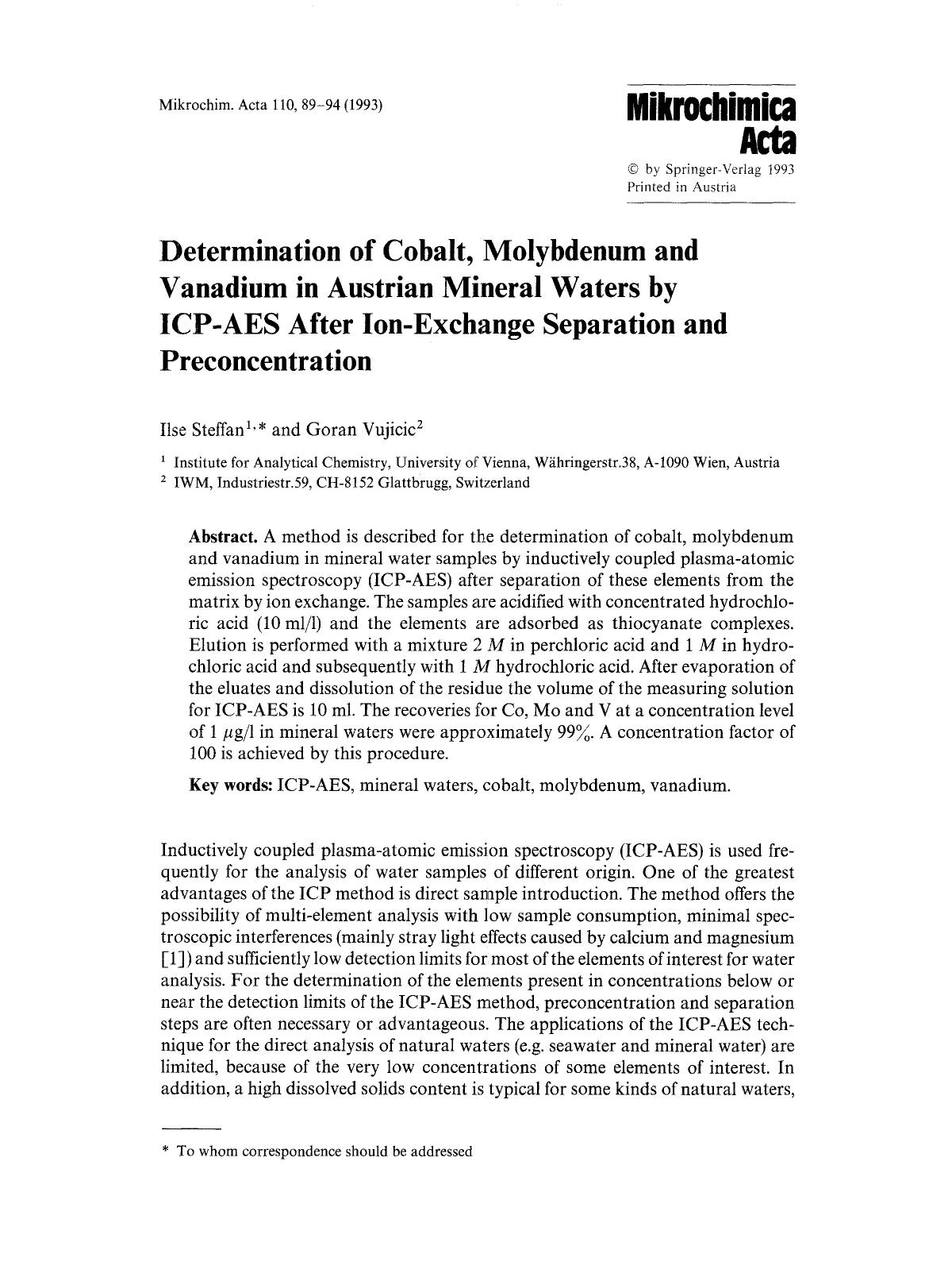 Determination of cobalt, molybdenum and vanadium in austrian mineral waters by ICP-AES after ion-exchange separation and preconcentration by Unknown