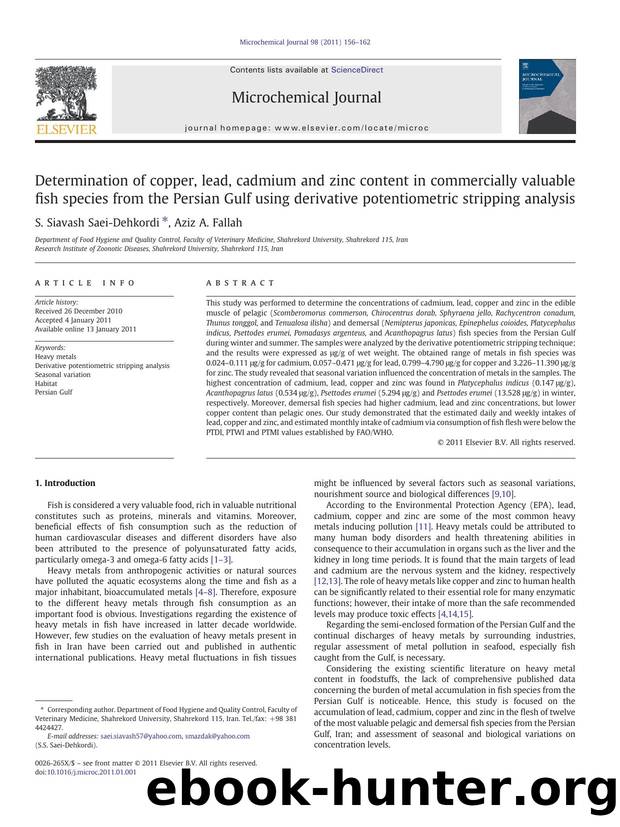 Determination of copper, lead, cadmium and zinc content in commercially valuable fish species from the Persian Gulf using derivative potentiometric stripping analysis by S. Siavash Saei-Dehkordi & Aziz A. Fallah