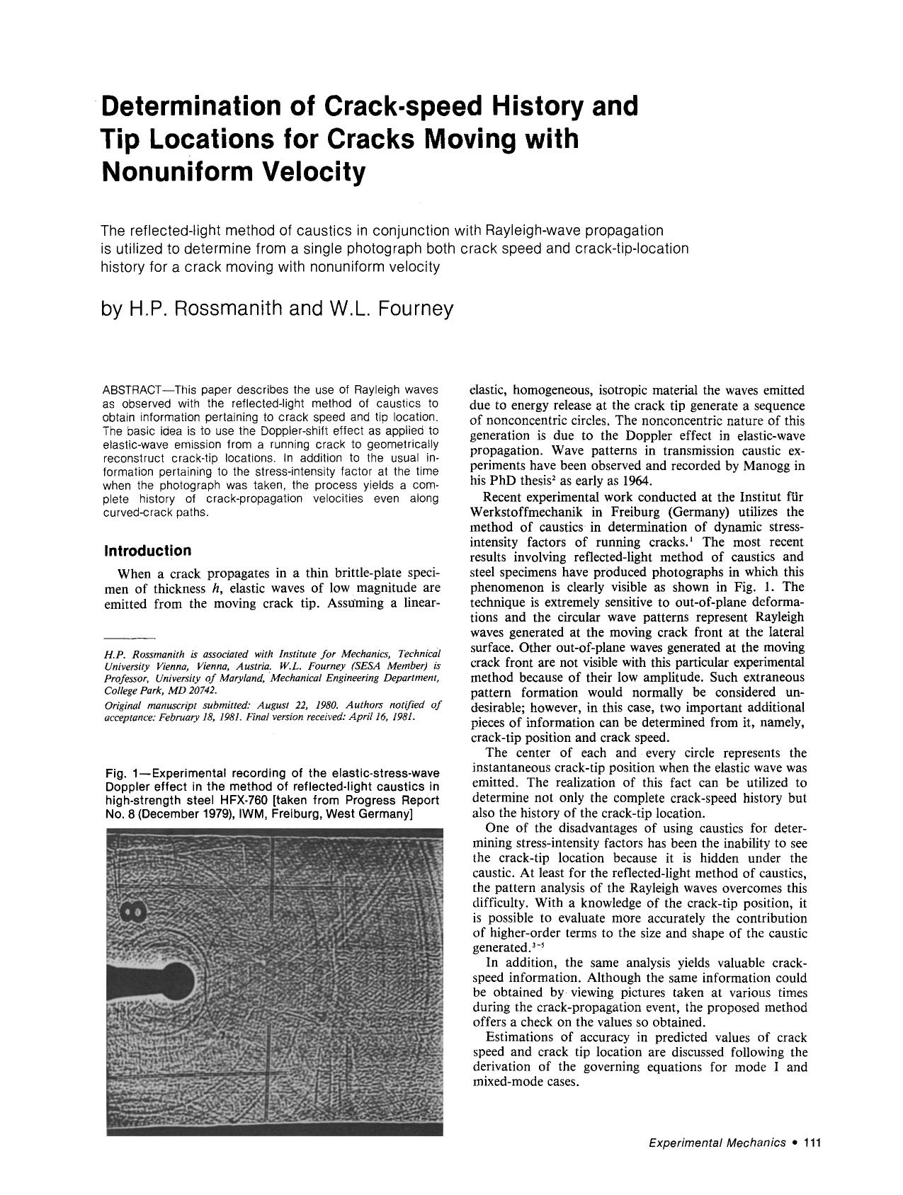 Determination of crack-speed history and tip locations for cracks moving with nonuniform velocity by Unknown
