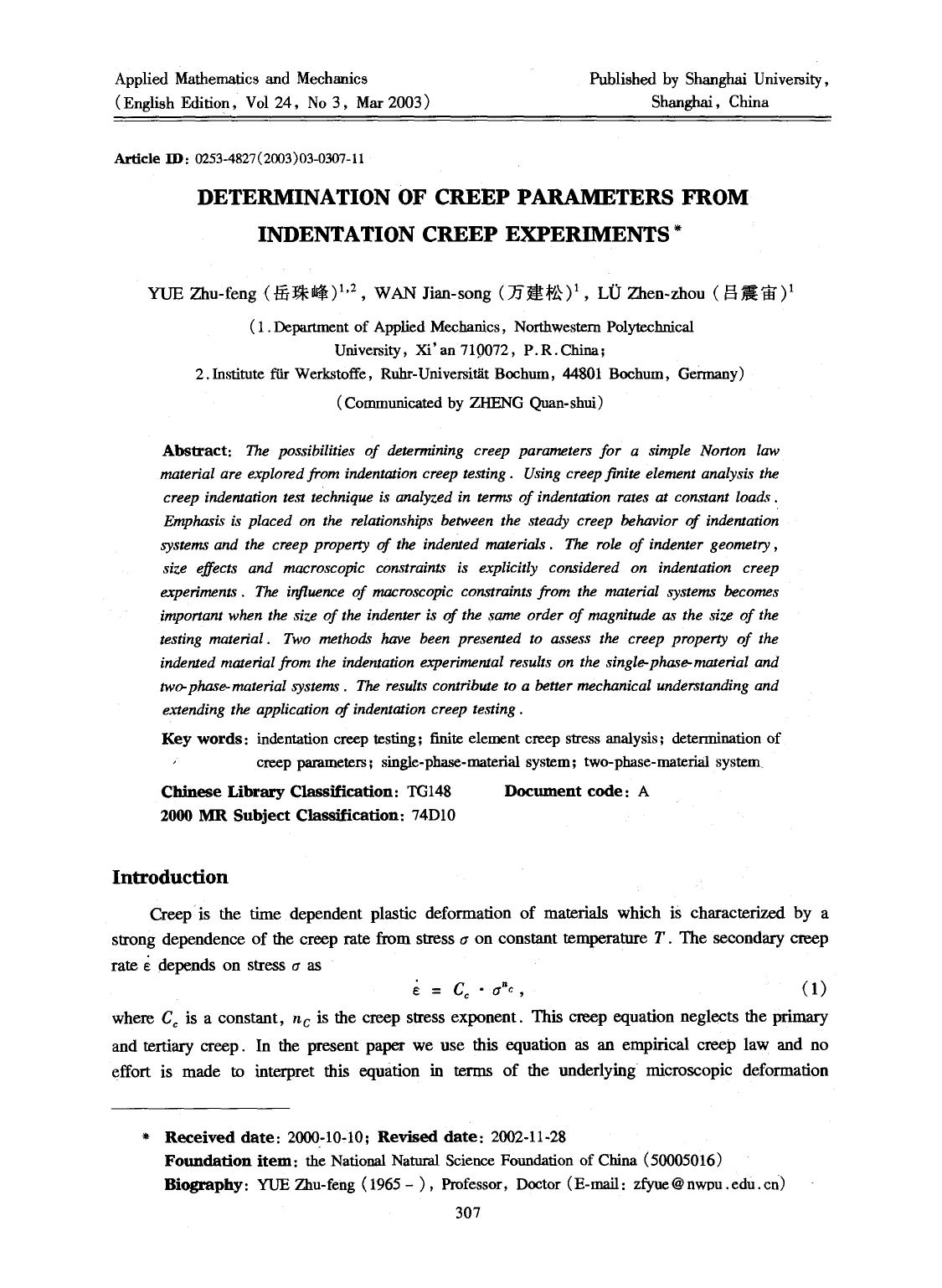 Determination of creep parameters from indentation creep experiments by Unknown
