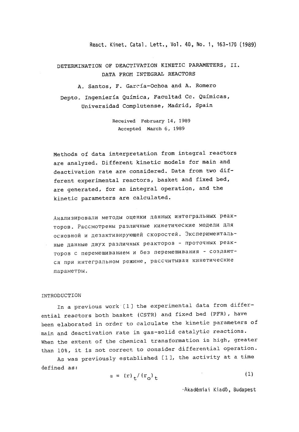 Determination of deactivation kinetic parameters, II. Data from integral reactors by Unknown