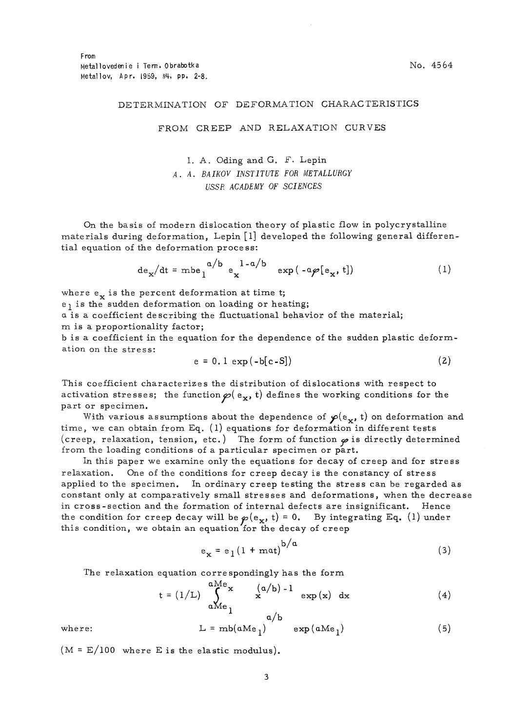 Determination of deformation characteristics from creep and relaxation curves by Unknown