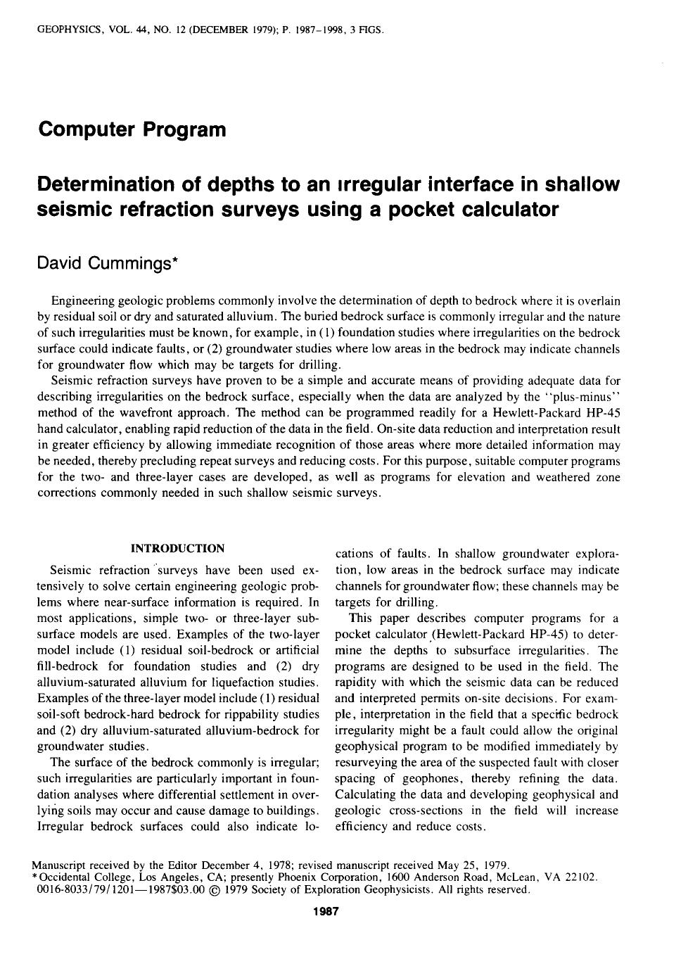 Determination of depths to an irregular interface in shallow seismic refraction surveys using a pocket calculator: COMPUTER PROGRAM by Cummings D