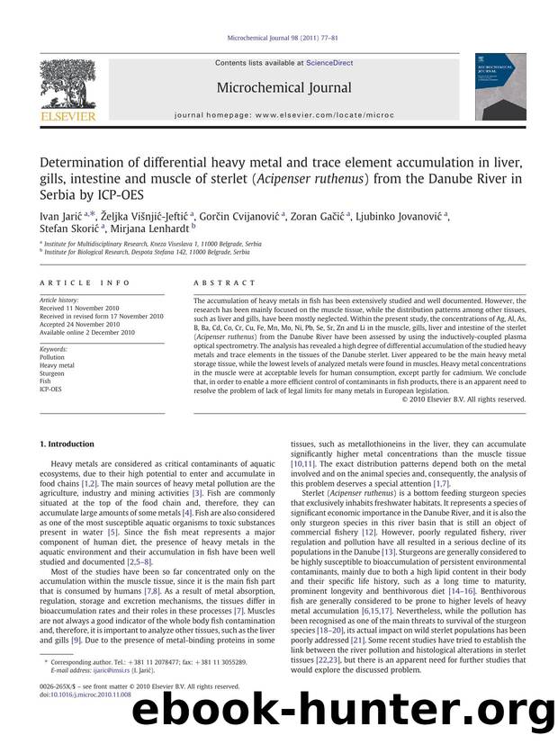 Determination of differential heavy metal and trace element accumulation in liver, gills, intestine and muscle of sterlet (Acipenser ruthenus) from the Danube River in Serbia by ICP-OES by unknow