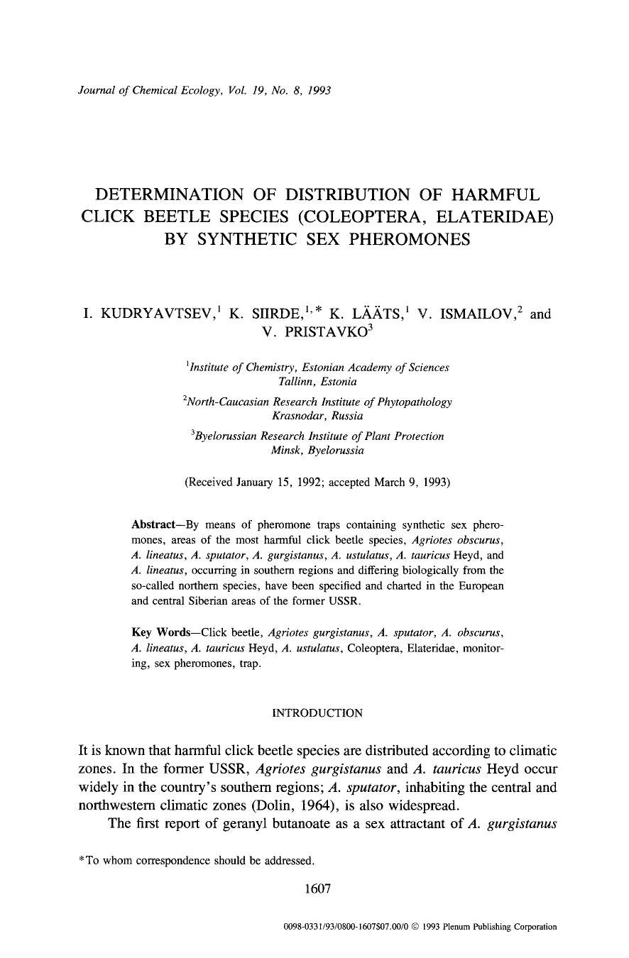 Determination of distribution of harmful click beetle species (Coleoptera, Elateridae) by synthetic sex pheromones by Unknown