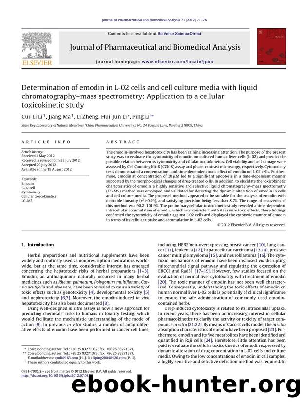 Determination of emodin in L-02 cells and cell culture media with liquid chromatographyâmass spectrometry: Application to a cellular toxicokinetic study by Cui-Li Li