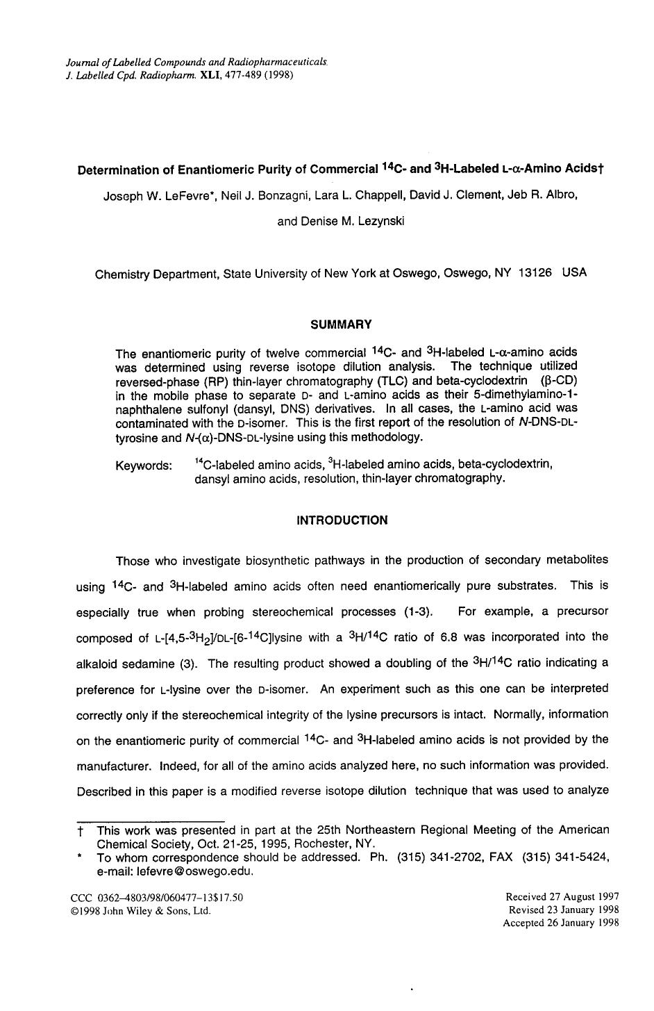 Determination of enantiomeric purity of commercial 14C- and 3H-labeled L-[agr]-amino acids by Unknown