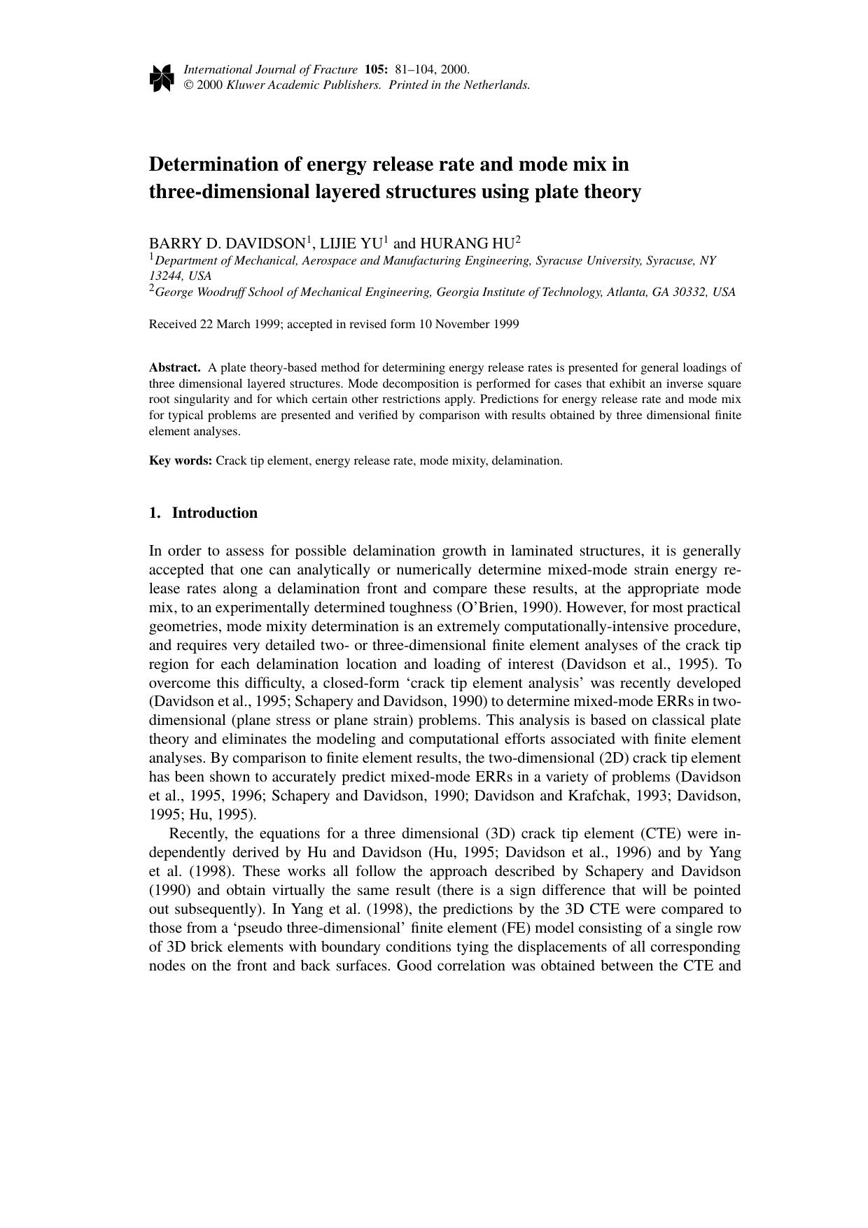 Determination of energy release rate and mode mix in three-dimensional layered structures using plate theory by Unknown