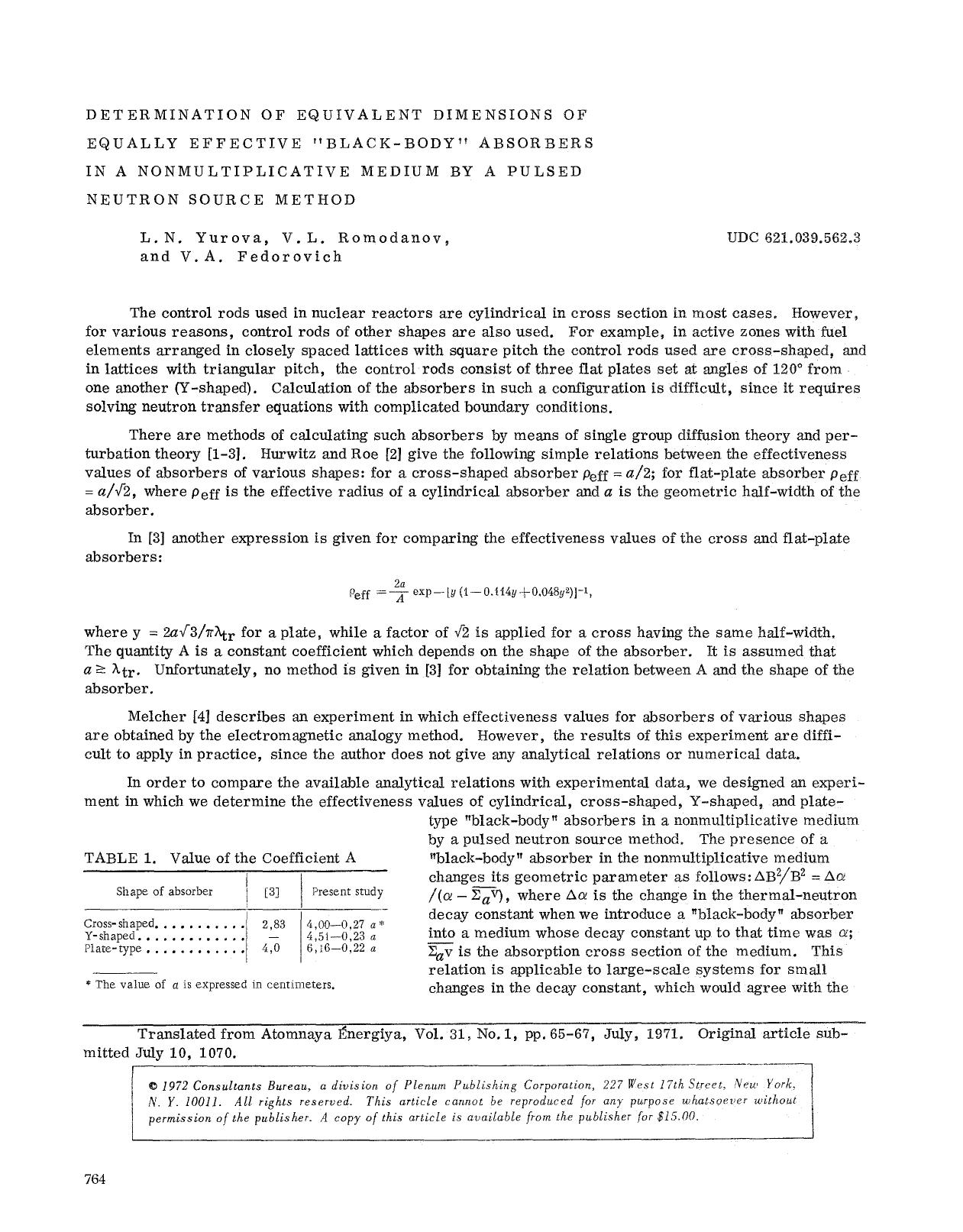 Determination of equivalent dimensions of equally effective “black-body” absorbers in a nonmultiplicative medium by a pulsed neutron source method by Unknown