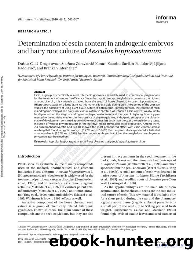 Determination of escin content in androgenic embryos and hairy root culture of Aesculus hippocastanum by unknow